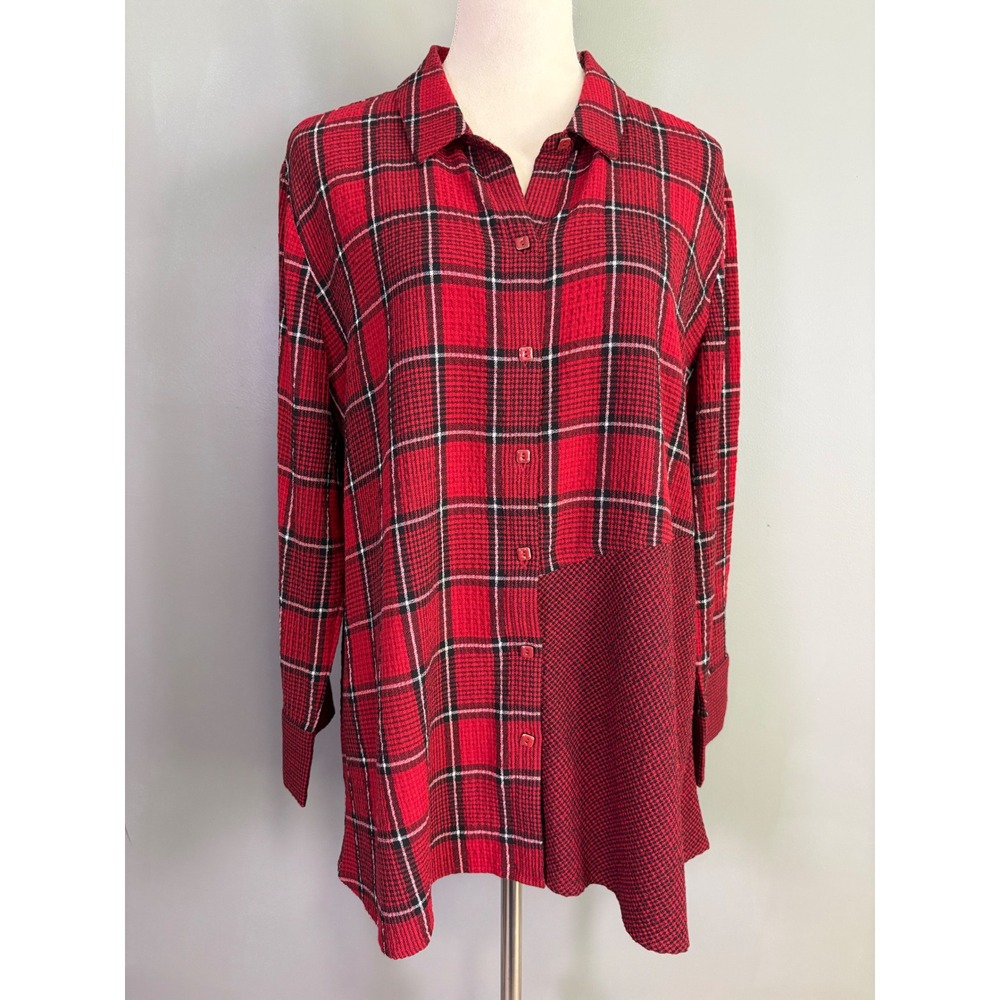 Habitat Plaid Button Up L Mixed Media Houndstooth Tunic Lagenlook Boho Academia